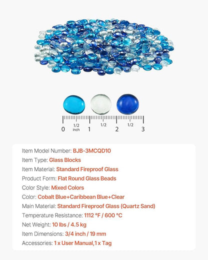 VEVOR Fire Glass, 10LBS / 4.5KG Smokeless & Fireplace Rocks, 3/4-Inch / 19.05 mm Reflective Firepit Glass Beads, High Luster Stone Landscaping for Fire Pit Table, Cobalt Blue + Caribbean Blue + Clear