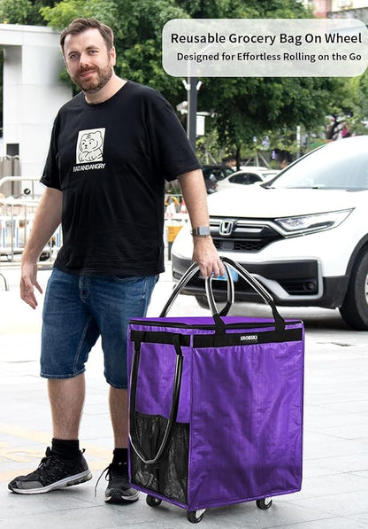 (Medium,Violet) Reusable Grocery Bag on Wheels, 70L Foldable Rolling Tote, Carries Up to 66 lbs Shopping Trolley, Zipper Clouser Shopping Carts for Trips, Laundry, 4 Heavy Duty Wheels and 3 Handles | Bag on Wheels, Foldable