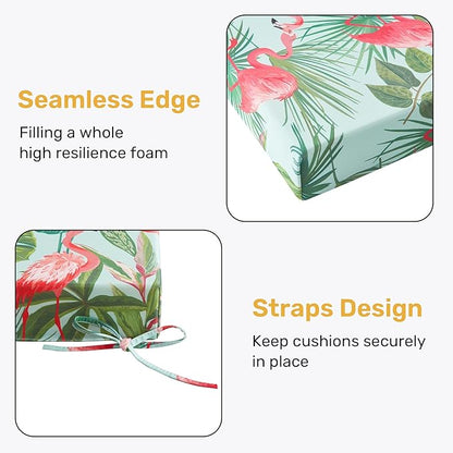 UNIKOME Outdoor Chair Cushions Pack of 4, Water Resistant Patio Cushions with Ties, High Density Sponge Filling Square Corner Seat Cushions for Outdoor Furniture, 24"*24"*4", Flamingos