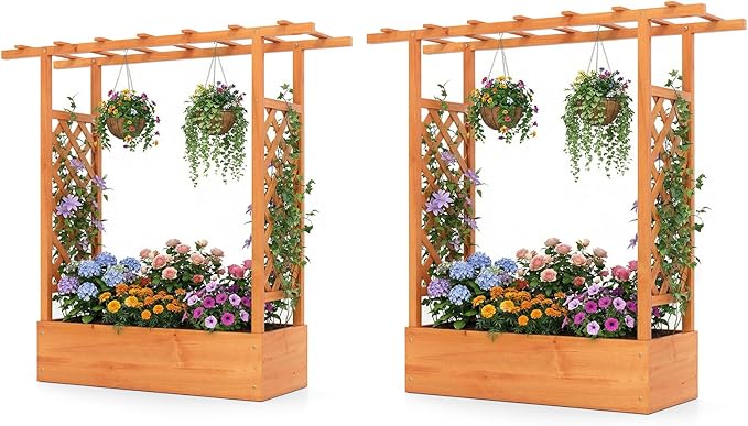S AFSTAR Raised Garden Bed with Trellis, 2 Pieces Fir Wood Planter Box with Flat Roof & Drainage Holes, Vertical Planter Raised Bed for Climbing Plants, Flowers & Vegetables, 43" x 14" x 45" (Orange)
