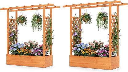 S AFSTAR Raised Garden Bed with Trellis, 2 Pieces Fir Wood Planter Box with Flat Roof & Drainage Holes, Vertical Planter Raised Bed for Climbing Plants, Flowers & Vegetables, 43" x 14" x 45" (Orange)