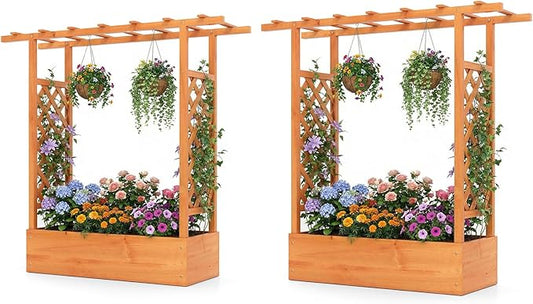 S AFSTAR Raised Garden Bed with Trellis, 2 Pieces Fir Wood Planter Box with Flat Roof & Drainage Holes, Vertical Planter Raised Bed for Climbing Plants, Flowers & Vegetables, 43" x 14" x 45" (Orange)