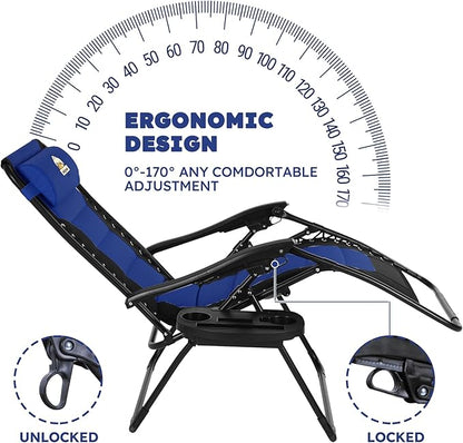 Oversized Padded Zero Gravity Lounge Chair, Foldable Patio Anti Gravity Reclining Chairs Folding Lawn Recliner with Cup Holder for Yard, Camping, Outdoor, Support 350 LBS, Blue