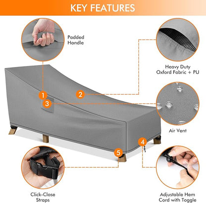 WLEAFJ Patio Chaise Lounge Cover Waterproof, Heavy Duty Outdoor Lounge Chair Covers, Durable Patio Furniture Covers, 78L x 34W x 32H inch - 2 Pack, Gray