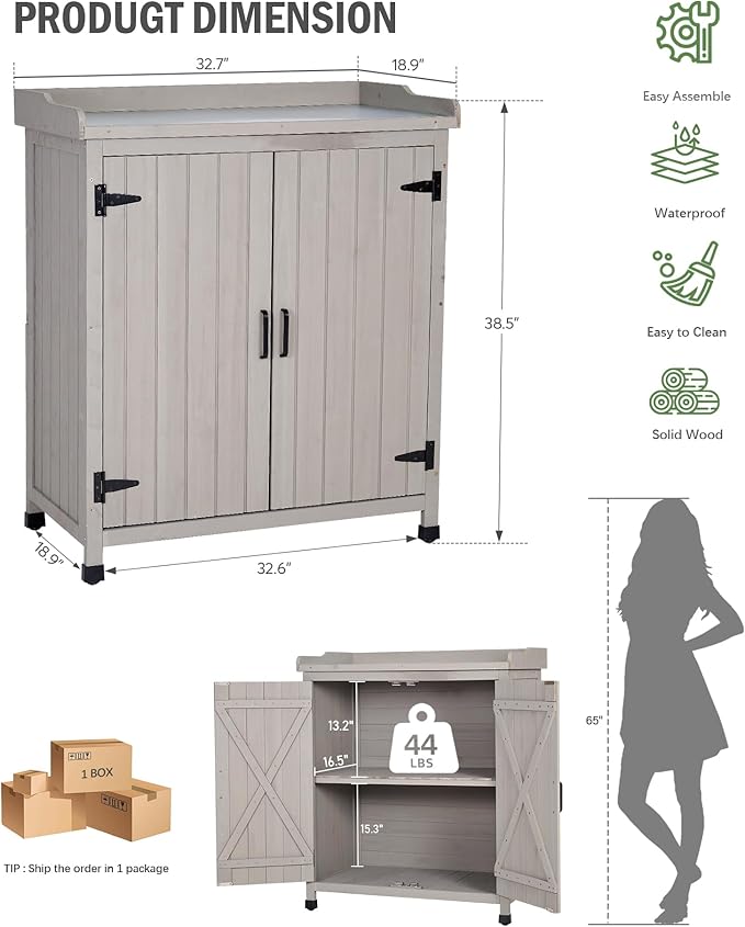 Outdoor Storage Cabinet with Metal Work Top|Waterproof Wooden Potting Bench|Spacious Patio Cabinet with Raised Side Rail for Garden Tools, Backyard,Lawn Gardening|Gray Outdoor Cabinet