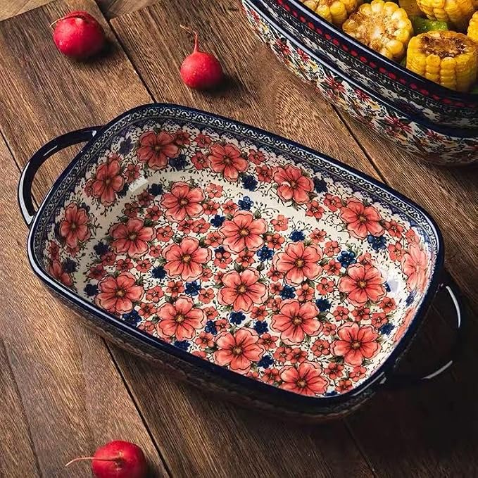 Ceramic Baking Dish with Handles, Hand-painted Polish Pottery Baking Dish Set of 2,Baking Pan Lasagna Pan, Rectangular, Floral Pattern, Oven Safe, 13.22x7.5x2.8 Inch (red)
