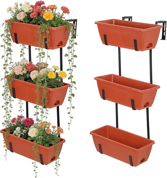OYEAL Hanging Flower Pots for Railing Fence Outdoor Window Boxes Planter with Adjustable Hooks, Set of 2 Deck Rail Planters with 6 Detachable Plastic Planter Boxes, Drainage Holes, Brick Red