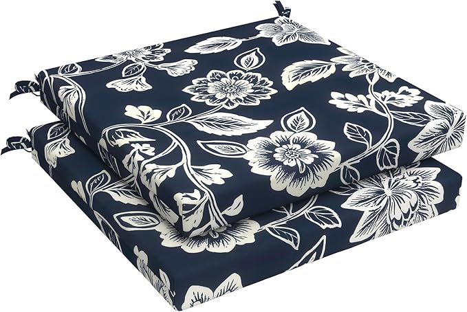 LVTXIII Outdoor Seat Cushions Seasonal Replacement Chair Cushions, Patio Chair Pads with Ties for Dining Chairs and Garden Furniture, Square Back, 19"x19"x2", 2 Pack, Elegant Vines Navy