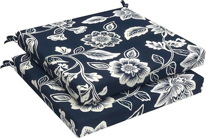 LVTXIII Outdoor Seat Cushions Seasonal Replacement Chair Cushions, Patio Chair Pads with Ties for Dining Chairs and Garden Furniture, Square Back, 19"x19"x2", 2 Pack, Elegant Vines Navy