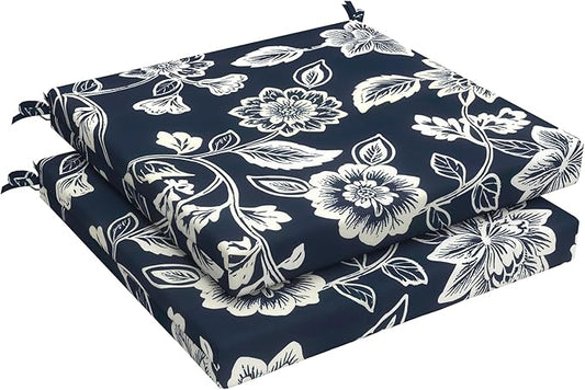 LVTXIII Outdoor Seat Cushions Seasonal Replacement Chair Cushions, Patio Chair Pads with Ties for Dining Chairs and Garden Furniture, Square Back, 19"x19"x2", 2 Pack, Elegant Vines Navy