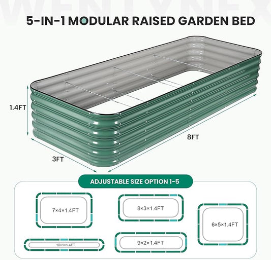 8×3×1.4FT Galvanized Raised Garden Bed Outdoor, Metal Raised Garden Bed Kit, Large Planter Raised Beds, 5 In1 Modular Raised Planter Box Outdoor,Raised Beds for Gardening for Vegetables Flowers Herbs