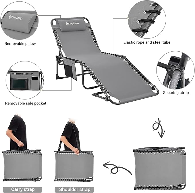 KingCamp Lounge Chair Outdoor, Folding Portable Tanning Chairs Comfy Adjustable 5-Position Lay Flat Foldable Chaise Chaser Lounger with Pillow for Outside Beach Patio Sun Bathing Pool Backyard, Grey