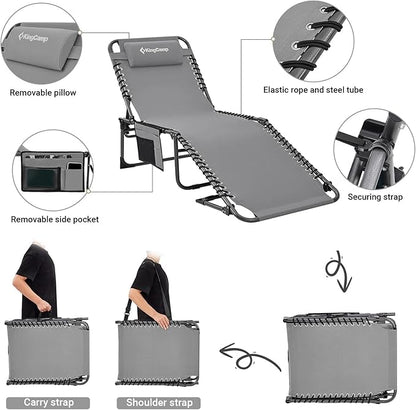 KingCamp Lounge Chair Outdoor, Folding Portable Tanning Chairs Comfy Adjustable 5-Position Lay Flat Foldable Chaise Chaser Lounger with Pillow for Outside Beach Patio Sun Bathing Pool Backyard, Grey