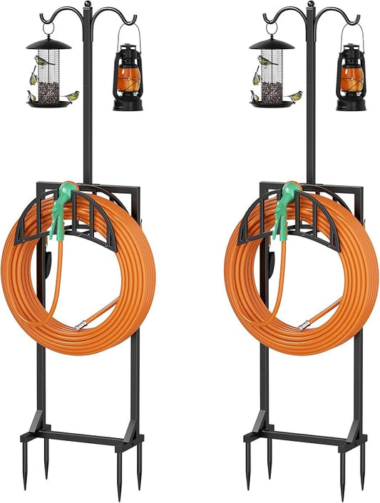 2 Pack Garden Hose Holder, Water Hose Stand for Outside with 4 Stake and 2 Shepherds Hooks, Freestanding Hose Storage Holds 150Ft, Heavy-Duty Metal Hose Hanger Rack for Yard, Lawn, Farm