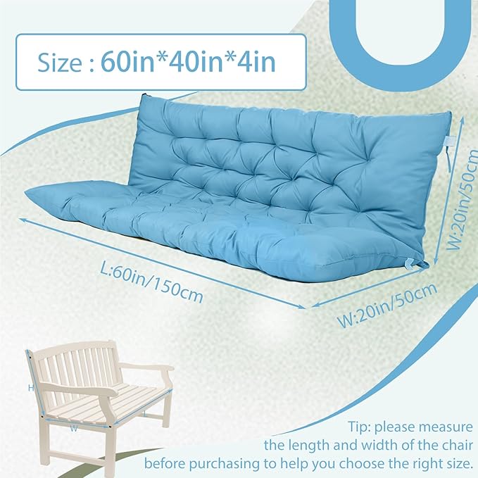 2/3 Seater Swing Replacement Cushion, Waterproof Porch Swing Cushions with Backrest, Thickened Bench Cushions for Outdoor Furniture, for Outdoor Patio Swing (Sky Blue, 60 * 40 in)