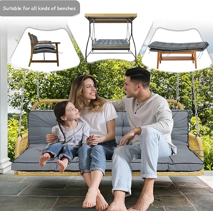 Porch Swing Cushion Three Seat, Waterproof Swing Cushions Replacement with Backrest, Outdoor Garden Furniture Patio 4" Thickened Cushions with Ties (Light Gray, 40 x 63in)