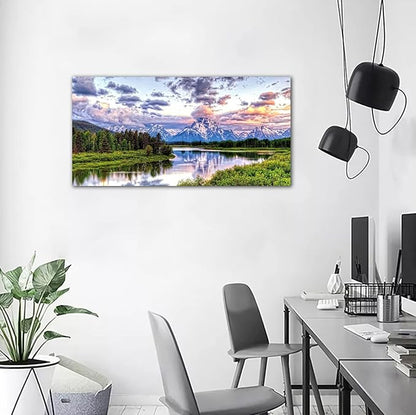 arteWOODS Nature Canvas Wall Art - Mountain River Forest Picture Oxbow Bend Grand Teton Landscape Wall Decor Artwork Green Painting Print for Living Room Bedroom Home Office Decoration 29" x 58"