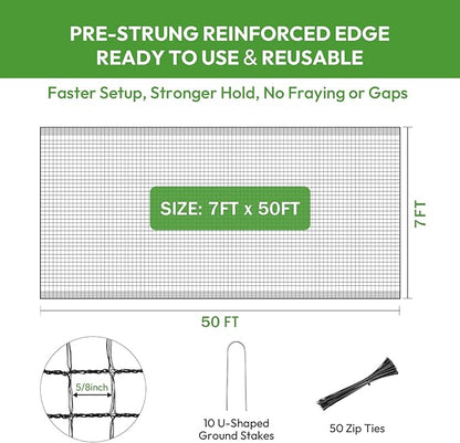 Deer Fence for Garden 7ft x 50ft, Plastic Mesh Deer Fence Netting with Pre-Strung Reinforced Edge, Reusable Temporary Fence, Ideal for Animal Barrier & Garden Fencing for Plants & Fruit Trees