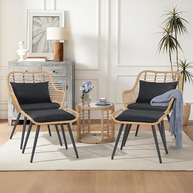 JOIVI 5 Piece Wicker Patio Furniture Set, Rattan Outdoor Bistro Set with 2 Ottomans and Coffee Side Table, Small Patio Conversation Set for Balcony, Front Porch, Garden, Backyard, Black