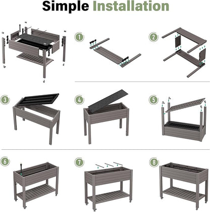 Raised Garden Bed with Wheels, Divisible Resin Planter Box with Drainage Gauge & Storage Shelf, Herb Planter for Garden Patio Backyard, Gray