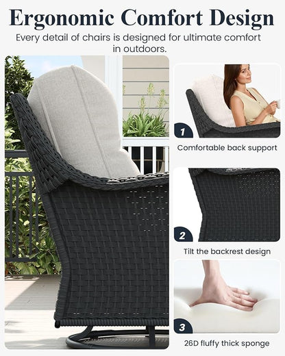 LayinSun 8 Piece Wicker Outdoor Furniture Set with 6-inch Comfy Cushions, High Back Patio Furniture Set with Swivel Rocking Chairs and Fire Pit Table