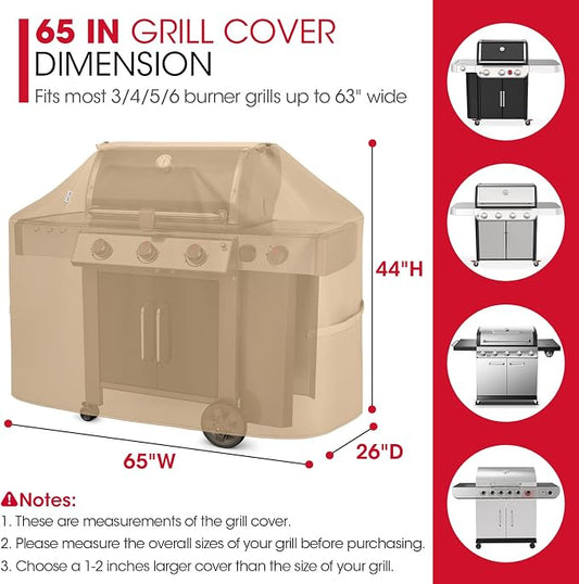 Unicook 65 Inch Grill Cover for Outdoor Grill, Heavy Duty Waterproof BBQ Covers, Compatible with Weber Char-Broil Nexgrill Kenmore 3-6 Burner Gas Grills up to 63”, All Weather Protection, Light Brown
