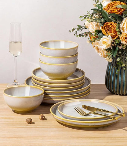 TheTerra Stoneware Dinnerware Sets for 4, 12 Pieces Ceramic Plates and Bowls Sets, Scratch Resistant Dish Set, Oven, Microwave & Dishwasher Safe, Autumn Haze