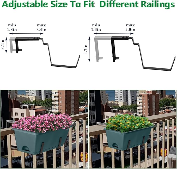 OYEAL Window Boxes Planters with Adjustable Brackets Set of 2 Fence Planters, Over the Deck Railing Planter Box with 6 Pack Hanging Plastic Flower Pots, Drainage Holes for Indoor Outdoor, Green