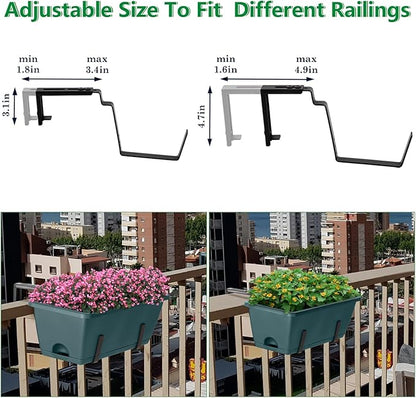 OYEAL Window Boxes Planters with Adjustable Brackets Set of 2 Fence Planters, Over the Deck Railing Planter Box with 6 Pack Hanging Plastic Flower Pots, Drainage Holes for Indoor Outdoor, Green