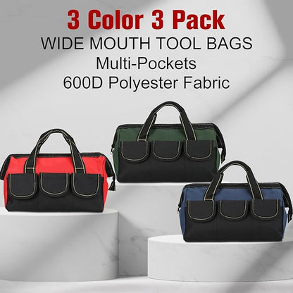 Sanwuta 3 Pack Tool Bag for Men with Waterproof Hard Bottom, Heavy Duty Tool Bag Wide Mouth Tote for Various Instrument, Electrician Carpenter Mechanic(Red, Army Green, Blue,13 Inch,Classic)