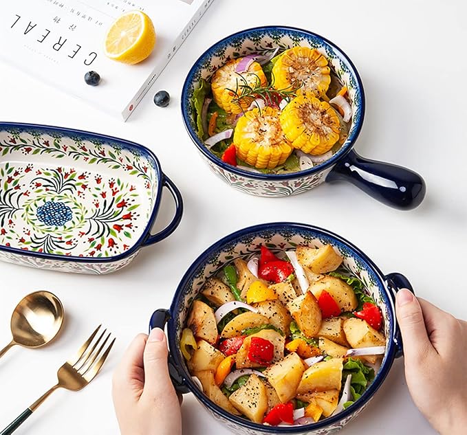 Vintage Style Tulip Flower Pattern Ceramic Bakeware Casserole Dish Baking Pan Lasagna Pans Baking Dish with Handles for Oven/Cooking/Kitchen-1 PCS-32 OZ
