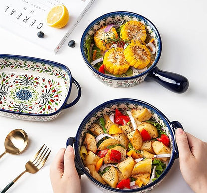 Vintage Style Tulip Flower Pattern Ceramic Bakeware Casserole Dish Baking Pan Lasagna Pans Baking Dish with Handles for Oven/Cooking/Kitchen-1 PCS-32 OZ