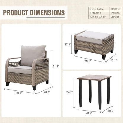 Modern Wicker Bistro Table and Chairs Set, Rattan Outdoor Bistro Set with Patio Chairs, Ottomans & Table, 5 Pieces, Brown/Gray