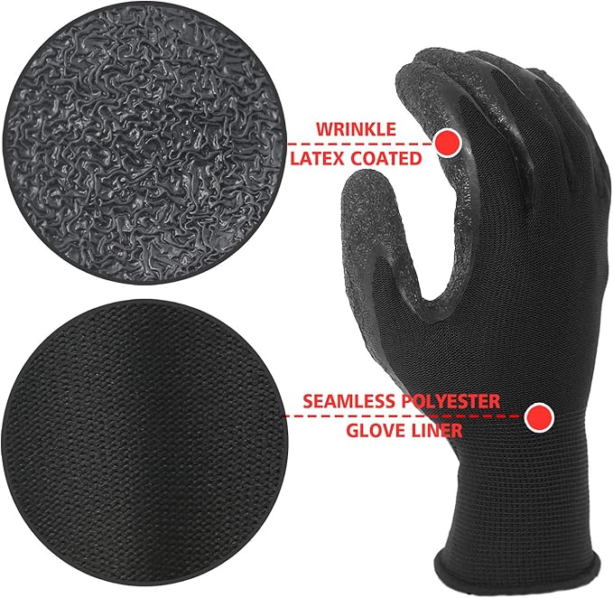 Evridwear Crinkle Latex Rubber Hand Coated Safety Work Gloves for Men Women General Multi Use Construction Warehouse Gardening Assembly Landscaping,Black Small 12 Pairs Pack