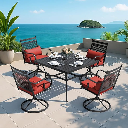 MELLCOM 5-Piece Outdoor Dining Set, 4 Swivel Rocker Chairs with Thick Cushions & Pillows, Square Dining Table with Umbrella Hole, Patio Furniture Set for Porch, Garden, Backyard, Poolside, Deck, Red