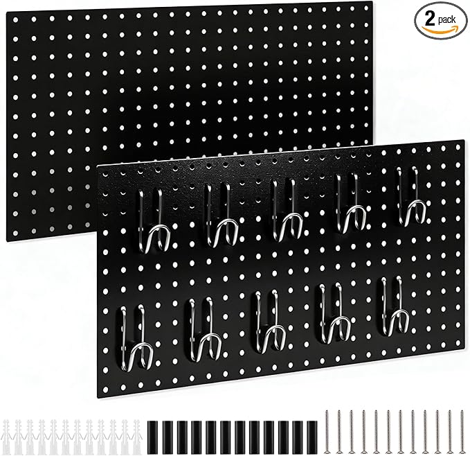 DEWEL Peg Board 2 Pack, 23x12 Inch Metal Pegboard Panels with Hooks, Black Heavy Duty Wall Organizer System for Garage Tool Storage, Workshop, Office and Craft Room（2pcs black）