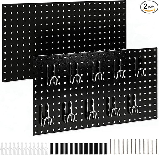 DEWEL Peg Board 2 Pack, 23x12 Inch Metal Pegboard Panels with Hooks, Black Heavy Duty Wall Organizer System for Garage Tool Storage, Workshop, Office and Craft Room（2pcs black）