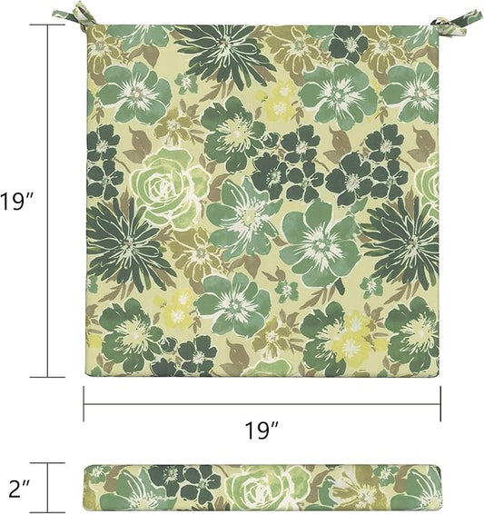 LVTXIII Outdoor Chair Cushions 19"x19"x2" Pack of 2, Water-Repellent Square Corner Memory Foam Seat Cushions with Ties for Garden Patio Furniture, Green Rose