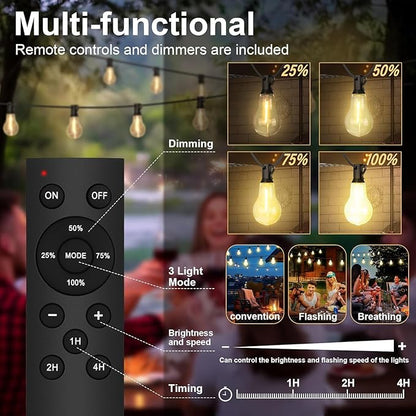 50FT Outdoor String Lights Waterproof with 32+2 Bulbs (1.5FT Bulbs Spacing), Remote & Dimmer, Commercial Patio String Lights with 3 Mode Light & Timing, 50PC Mounting Ties for Outside