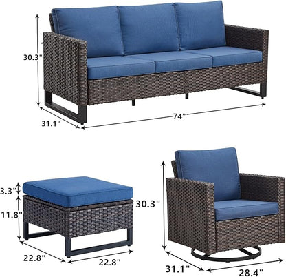 Rilyson Wicker Outdoor Patio Furniture Set - 7 Piece Patio Conversation Set with 4 Swivel Rocker Chairs,2 Rattan Ottoman and 1 Couch for Outside Porch Deck Backyard(Brown/Blue)