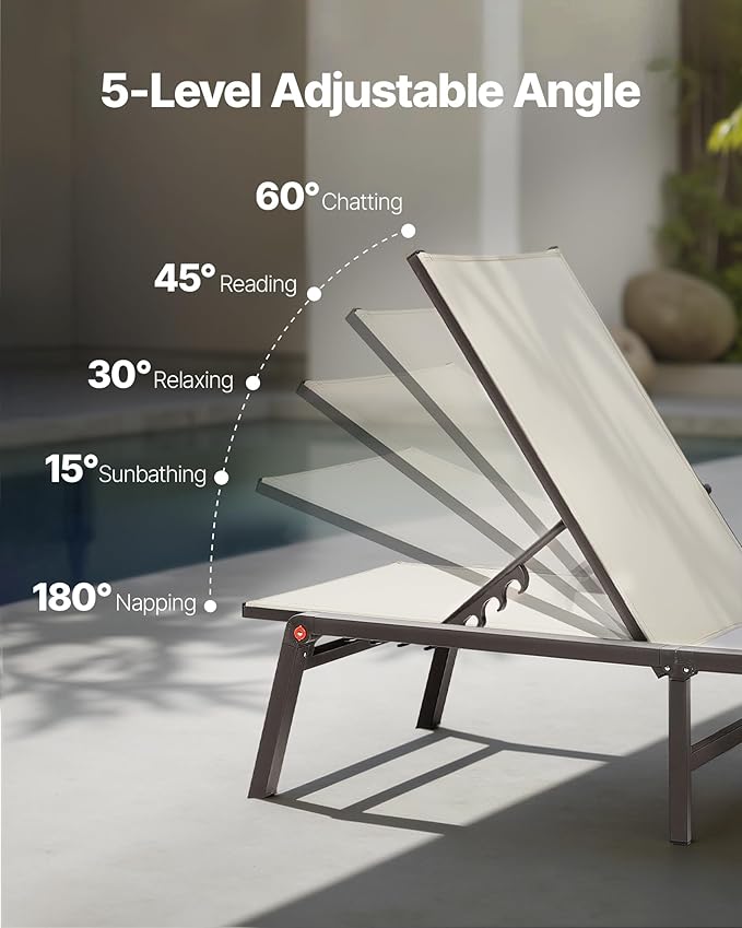 VEVOR Outdoor Chaise Lounge Chair Set of 2, 400 lbs Weight Capacity, Foldable Sun Tanning Chair, 5 Adjustable Positions, Easy Assembly, Aluminum Pool Recliner Lounge Chairs, for Beach Yard Patio