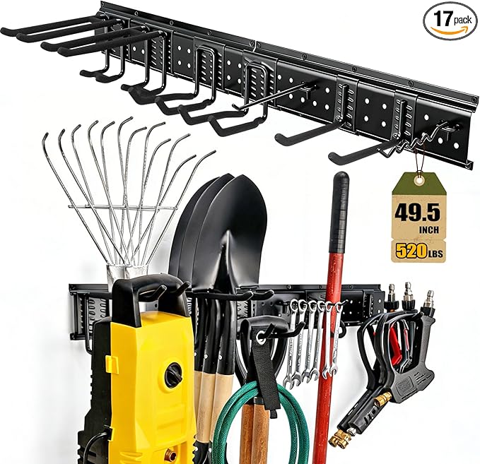 49.5'' Garage Tool Organizer Wall Mount 17PCS, 520lbs Heavy Duty Garden Tool Organizer with 14 Adjustable Hooks, Yard Tool Hanger for Shovel Rake Broom Ladder, Garage Wall Organization, Men Gift