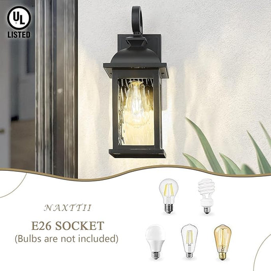 Outdoor Wall Lantern Waterproof Porch Sconces Wall Mounted Lighting Matte Black Exterior Wall Lights with Water Ripple Glass for House Garage Doorway 21 Inch Height E26 Socket