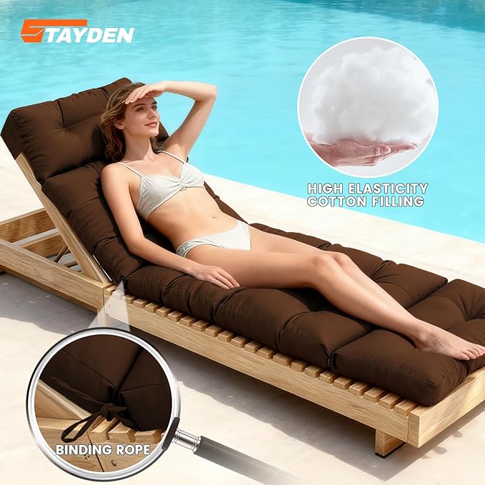 Outdoor Lounge Chair Cushions, Chaise Lounge Chair Cushions Replacement for Patio Furniture with Ties Waterproof Fabric Pool Chasie Cushion 74.4 x 22 x 4.7 Inches (Brown)