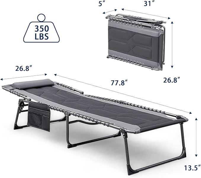 Devoko 4-Fold Padded Portable Folding Outdoor Chaise Lounge Heavy Duty Reclining Chair with Pillow & Side Pocket for Patio, Beach, Pool, Camping, Sunbathing (Gray)