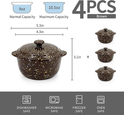 10 Oz Ceramic Mini Cocotte Set 4-Pack, Oven Safe Stoneware Casserole Dishes with Lids Handles, Individual Ramekins for Baking Soufflé Soup Cobbler,Brown