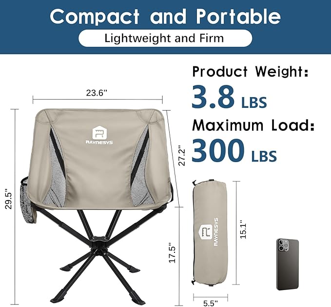 Raynesys Portable Camping Chair 1 Pack, 8 Seconds Quick Setup Folding Camping Chair, Flexible 360° Rotation, 3.8Lb Lightweight Travel Chairs for Easy Carry to Hiking, Sporting, Beach, Khaki