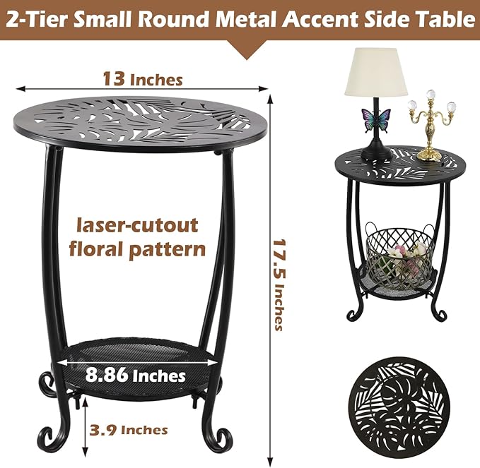 2-Tier Metal Round Side Table Black Accent Coffee Tables Small Space Corner Plant Stand Shelf for Indoor Outdoor Porch Patio Balcony Living Room End Table with Storage, Rust-Proof