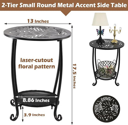 2-Tier Metal Round Side Table Black Accent Coffee Tables Small Space Corner Plant Stand Shelf for Indoor Outdoor Porch Patio Balcony Living Room End Table with Storage, Rust-Proof