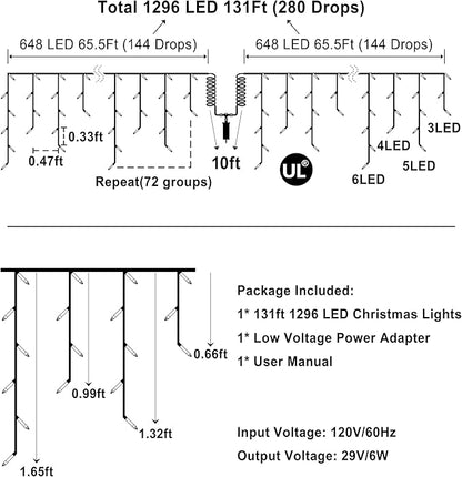 1296 LED 131FT Christmas Lights 288 Drops, Outdoor Hanging light with 8 Modes & Timer, Plug in Curtain String Light Outdoor Waterproof for House Tree Holiday Wedding Party Outside Decor (Warm White)